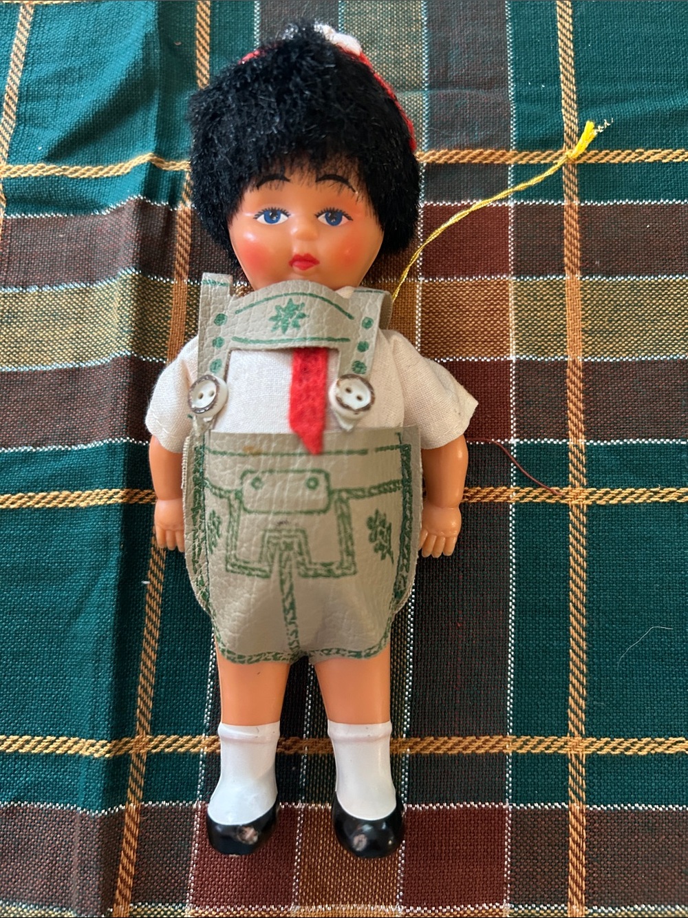 Vintage-Style Kids Doll in Black Hair with Green Outfit very old